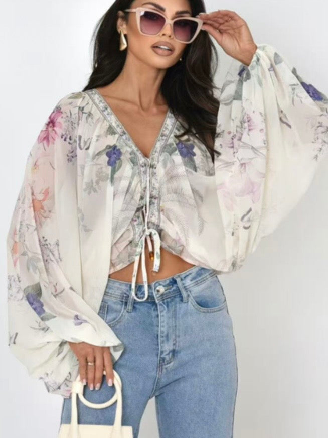 Blusa de gasa floral estampada estilo boho
