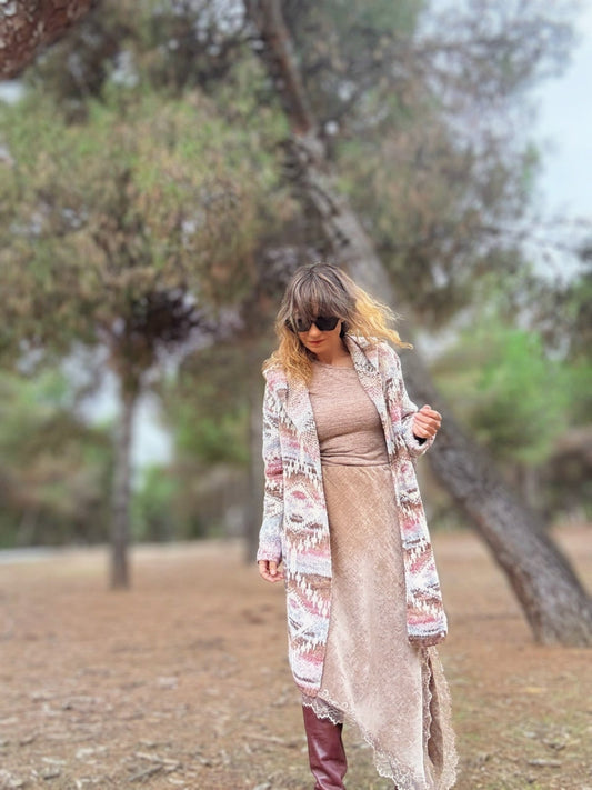 Chaqueta punto azteca NAZCA Rosa / Camel - Little MooN