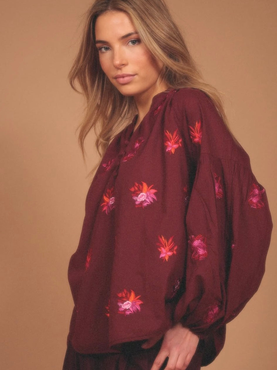 Blusa burdeos boho bordada FLORAL