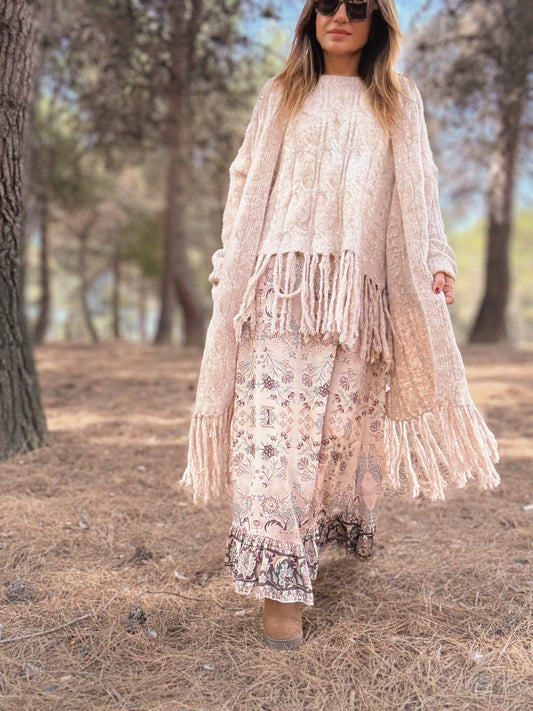 Chaqueta de punto larga con flecos GAZAN - Little MooN