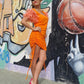 Vestido tul  naranja con fucsia